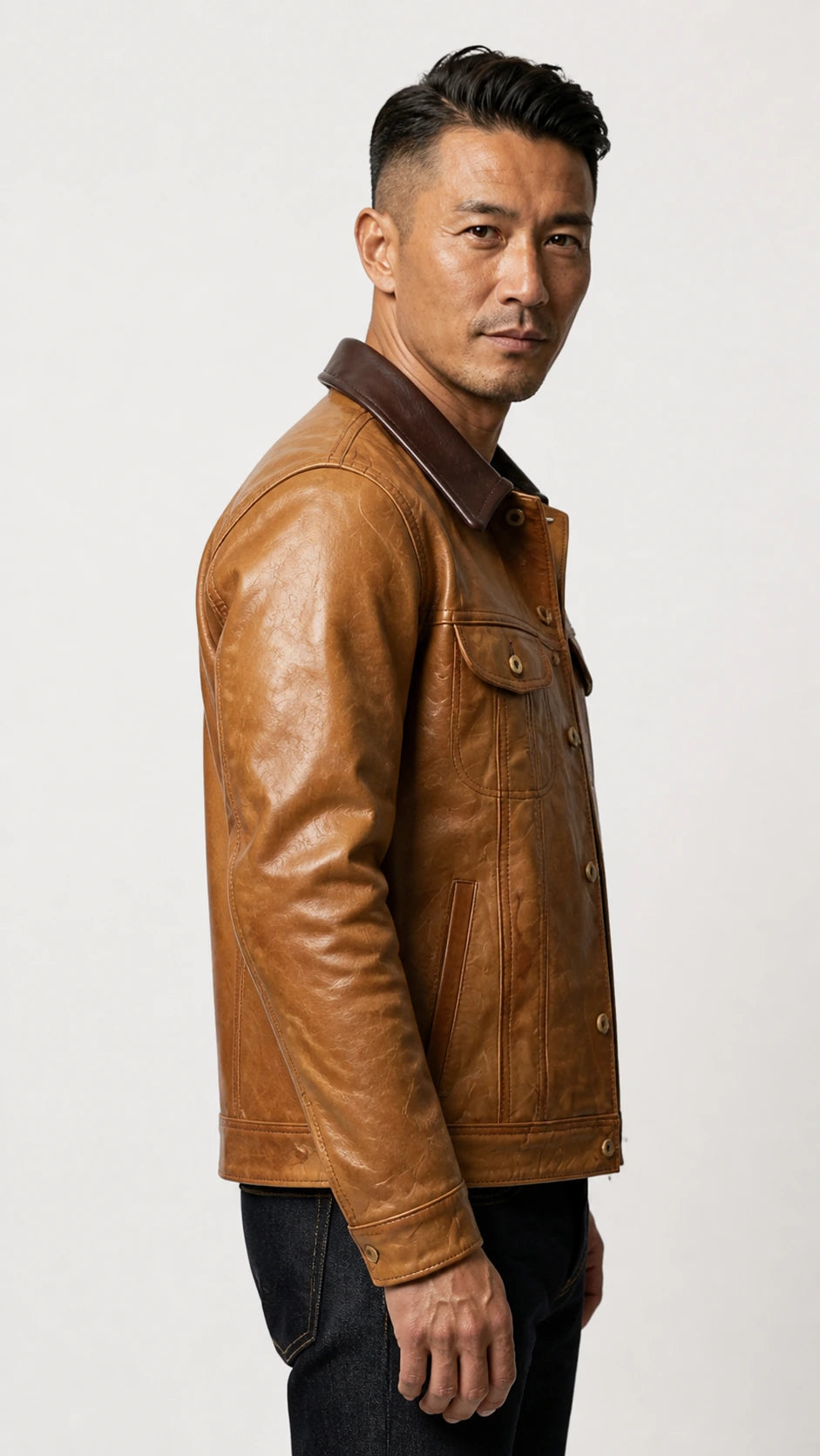 Side view of the tan goatskin trucker jacket on the model