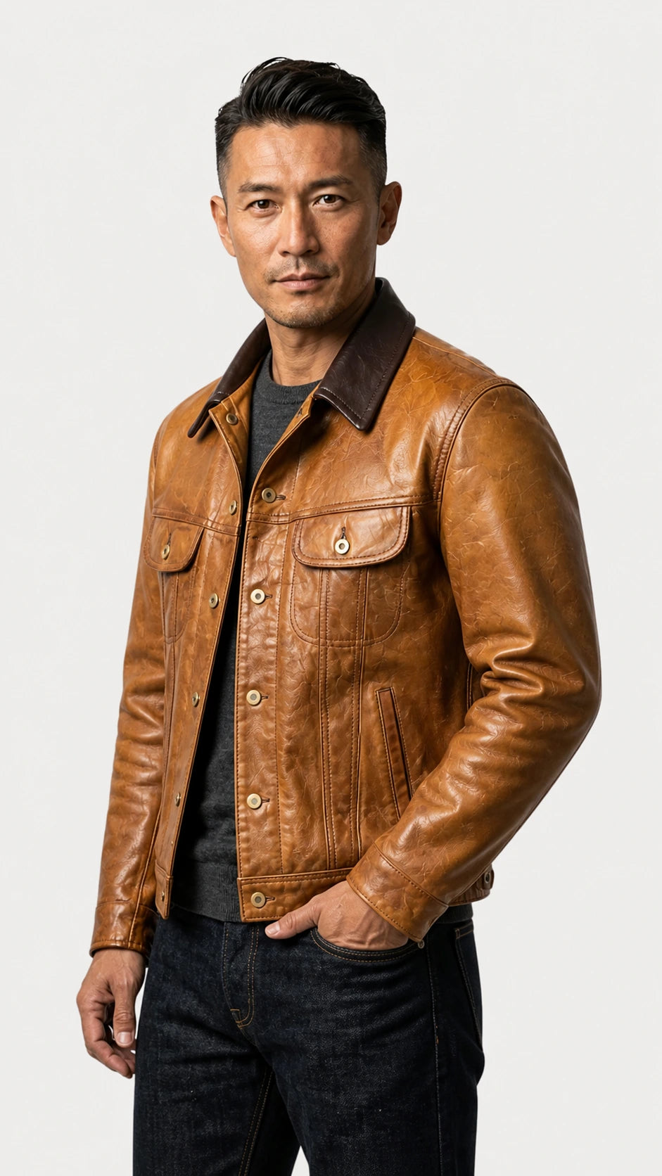 Close three-quarter view of the tan goatskin storm rider jacket
