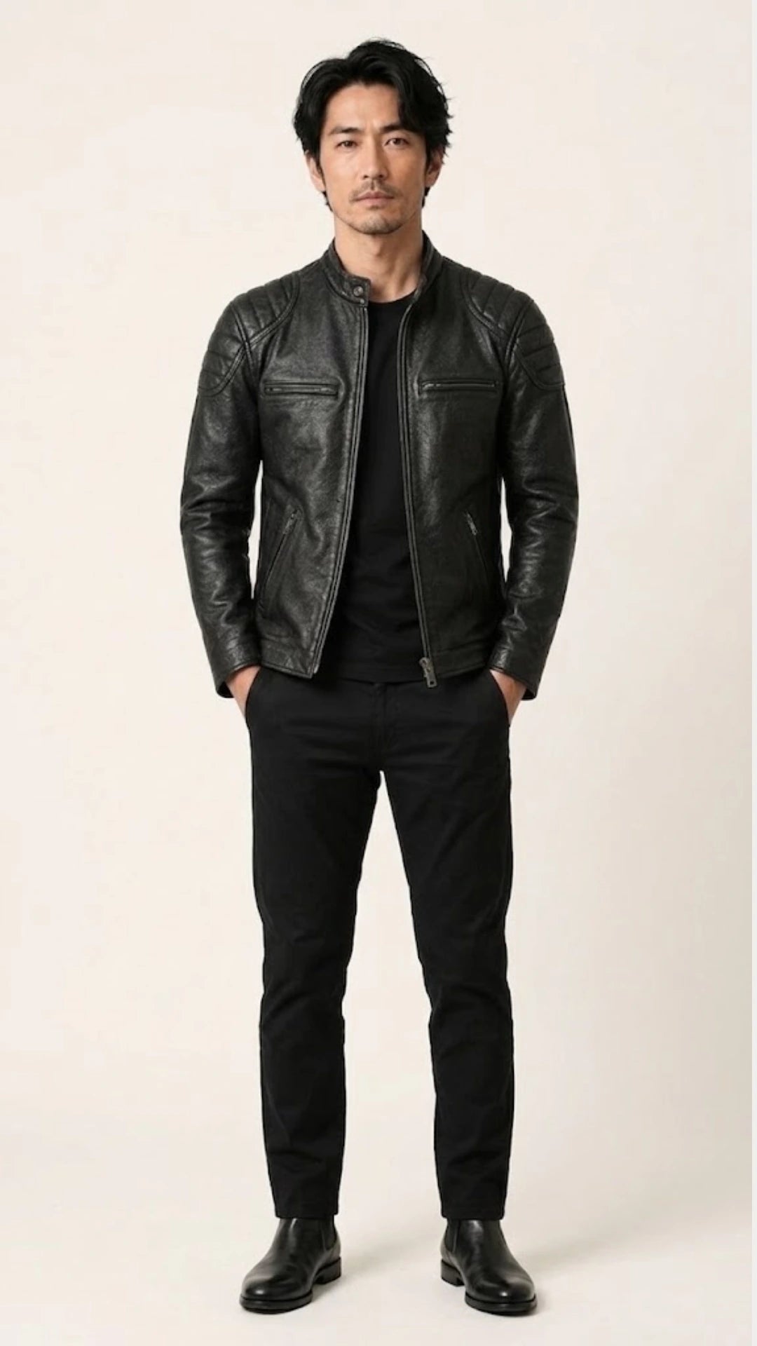 Full-length front view of the black leather biker jacket worn with black trousers