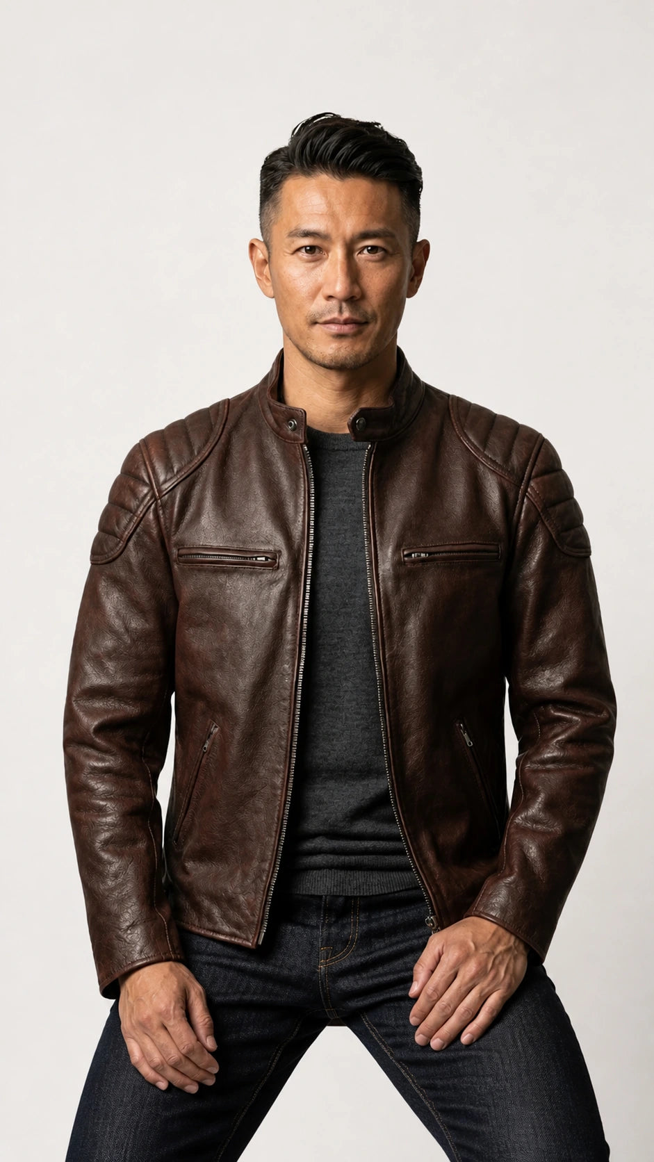 Man opening the vintage brown biker jacket