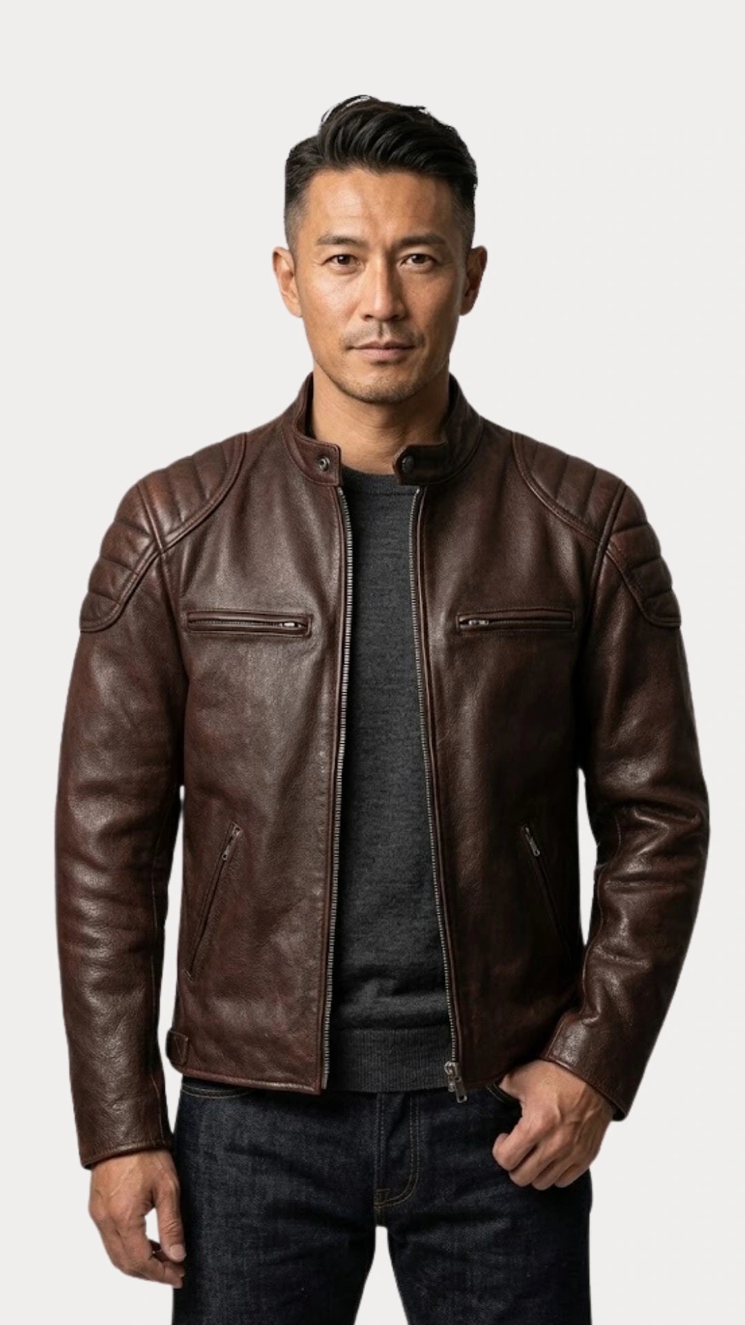 Man standing in the vintage brown leather biker jacket over a grey knit