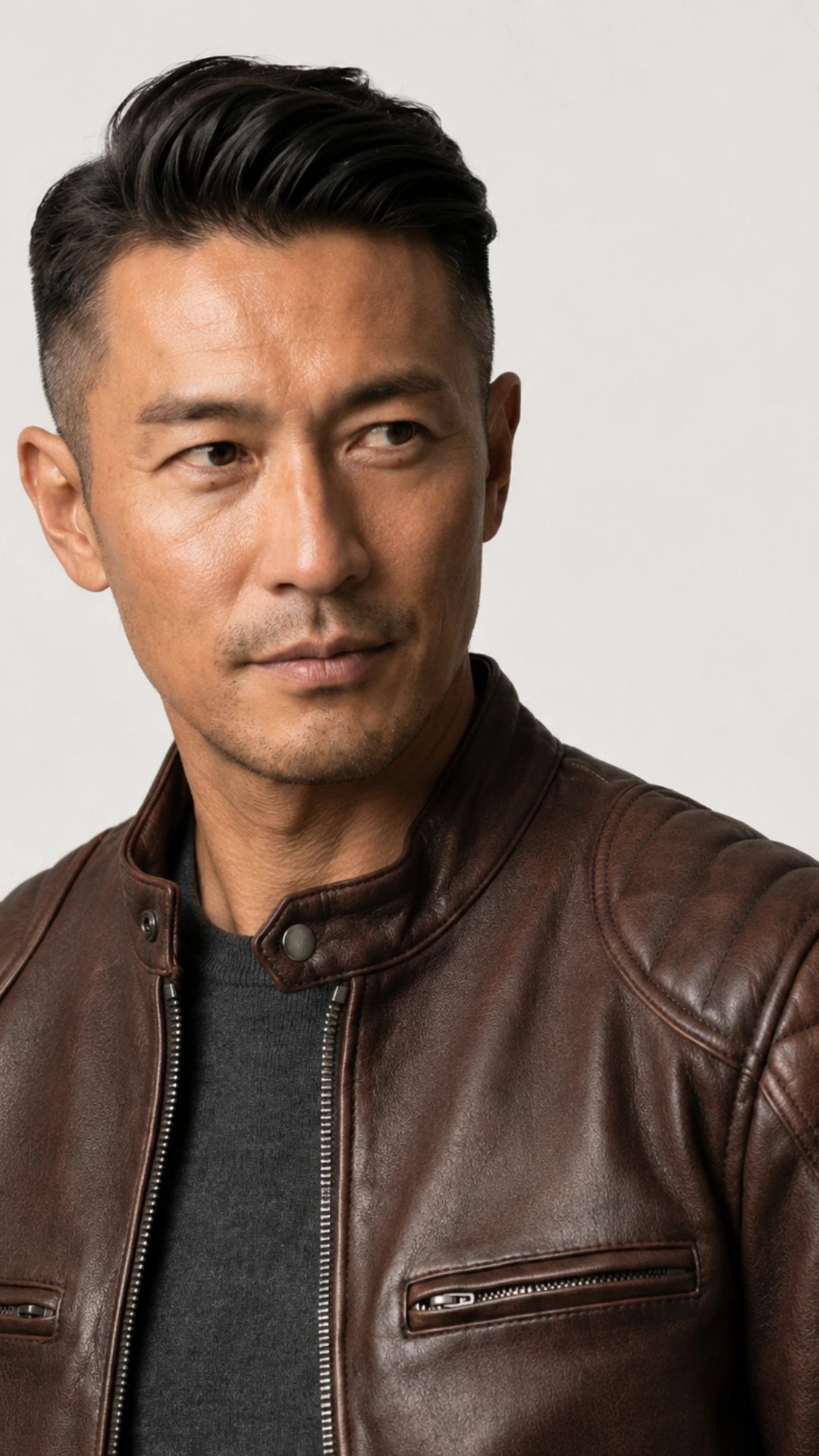 Close-up of the stand collar of the vintage brown biker jacket