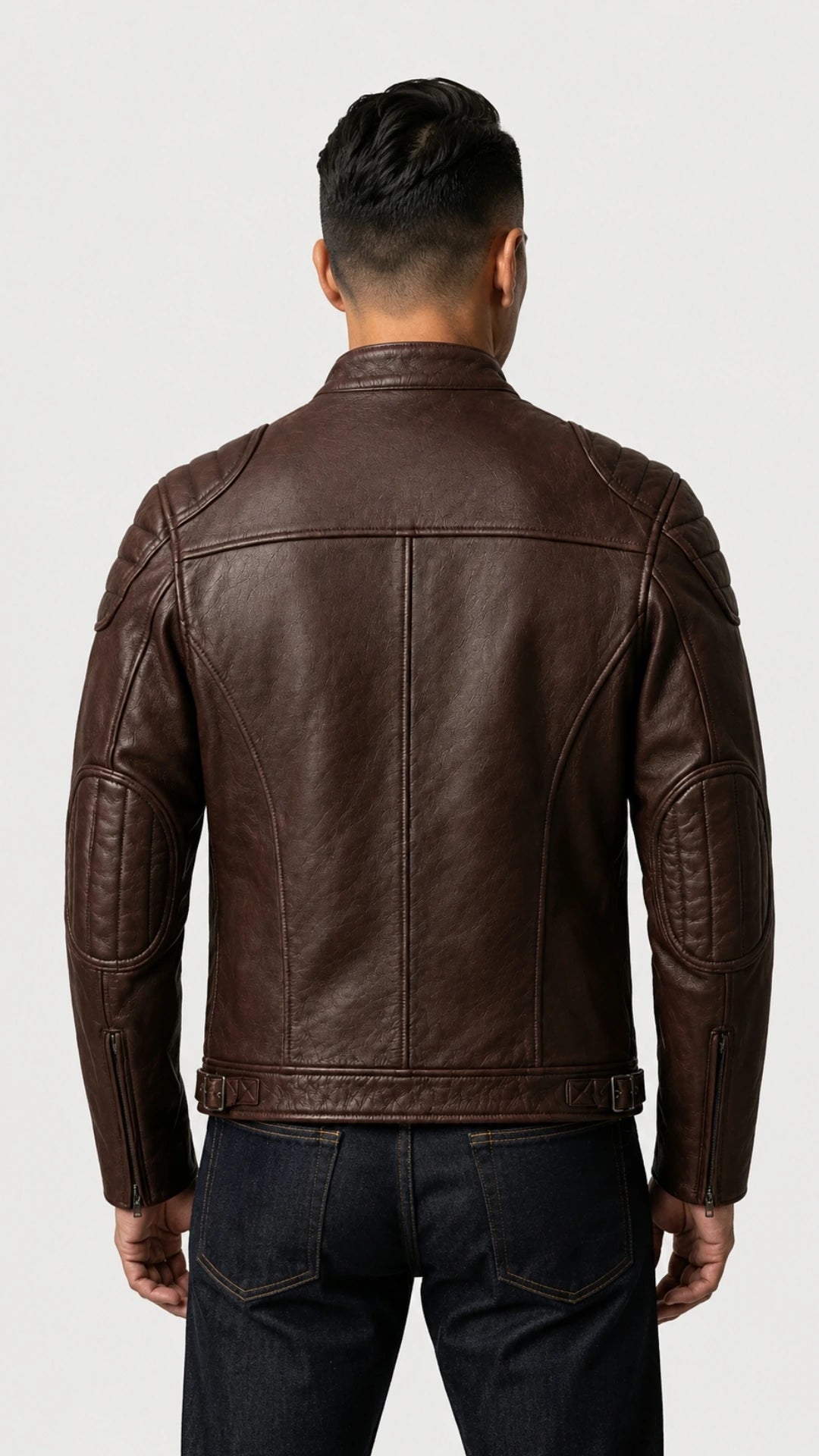Back view of a man wearing the vintage brown biker jacket with dark jeans