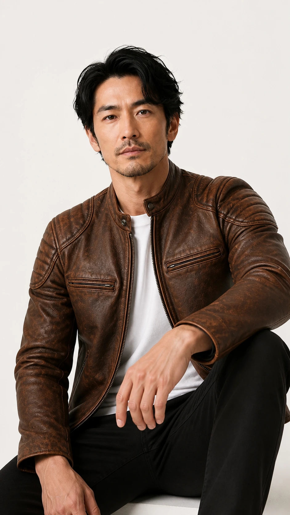 Man seated wearing the distressed brown biker jacket open over a white tee