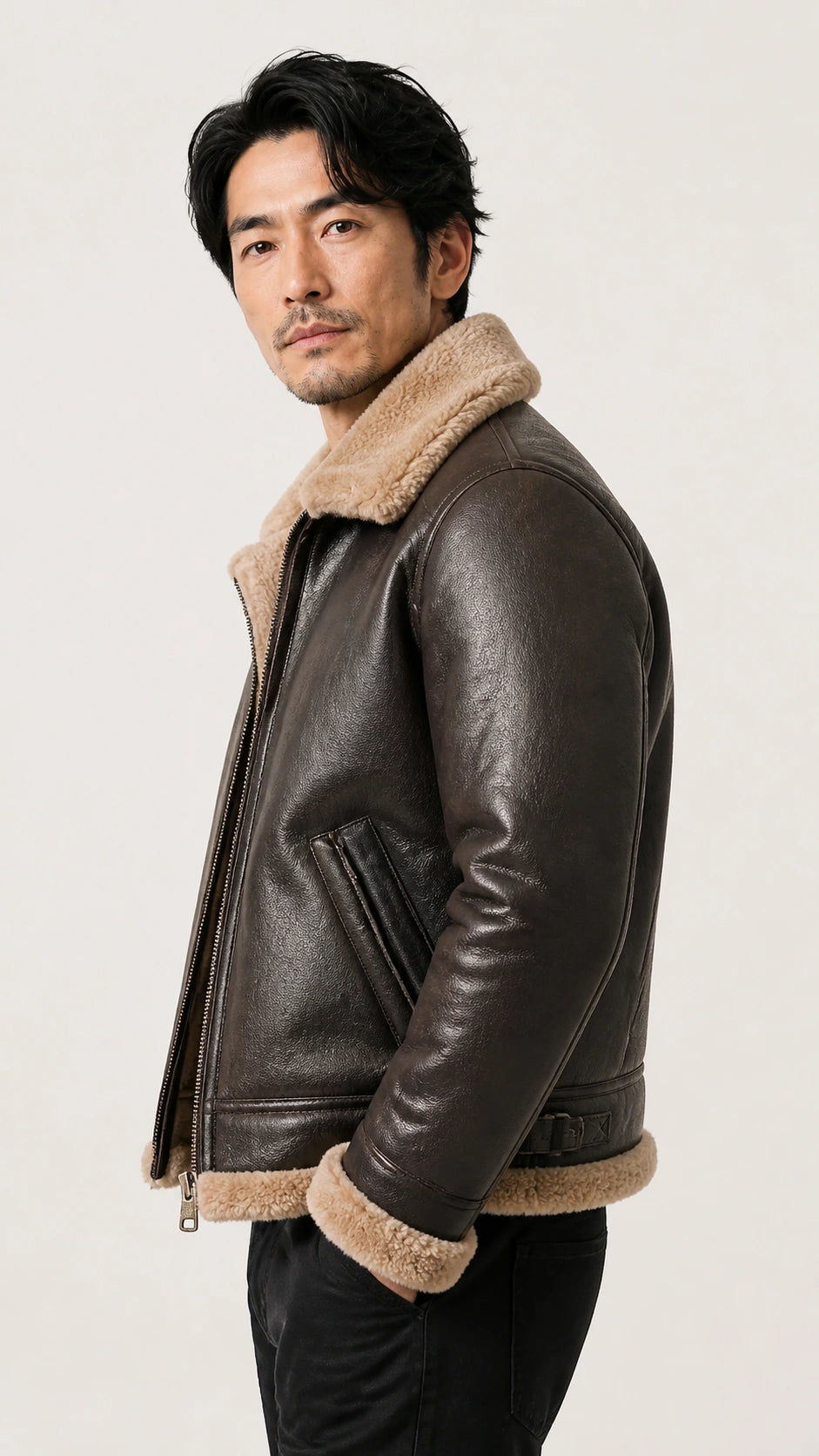 Side view of the brown B-3 flight jacket on the model