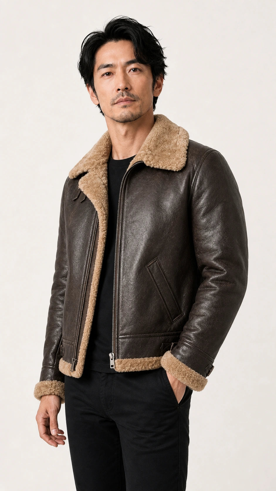 Man wearing the brown shearling flight jacket over black trousers