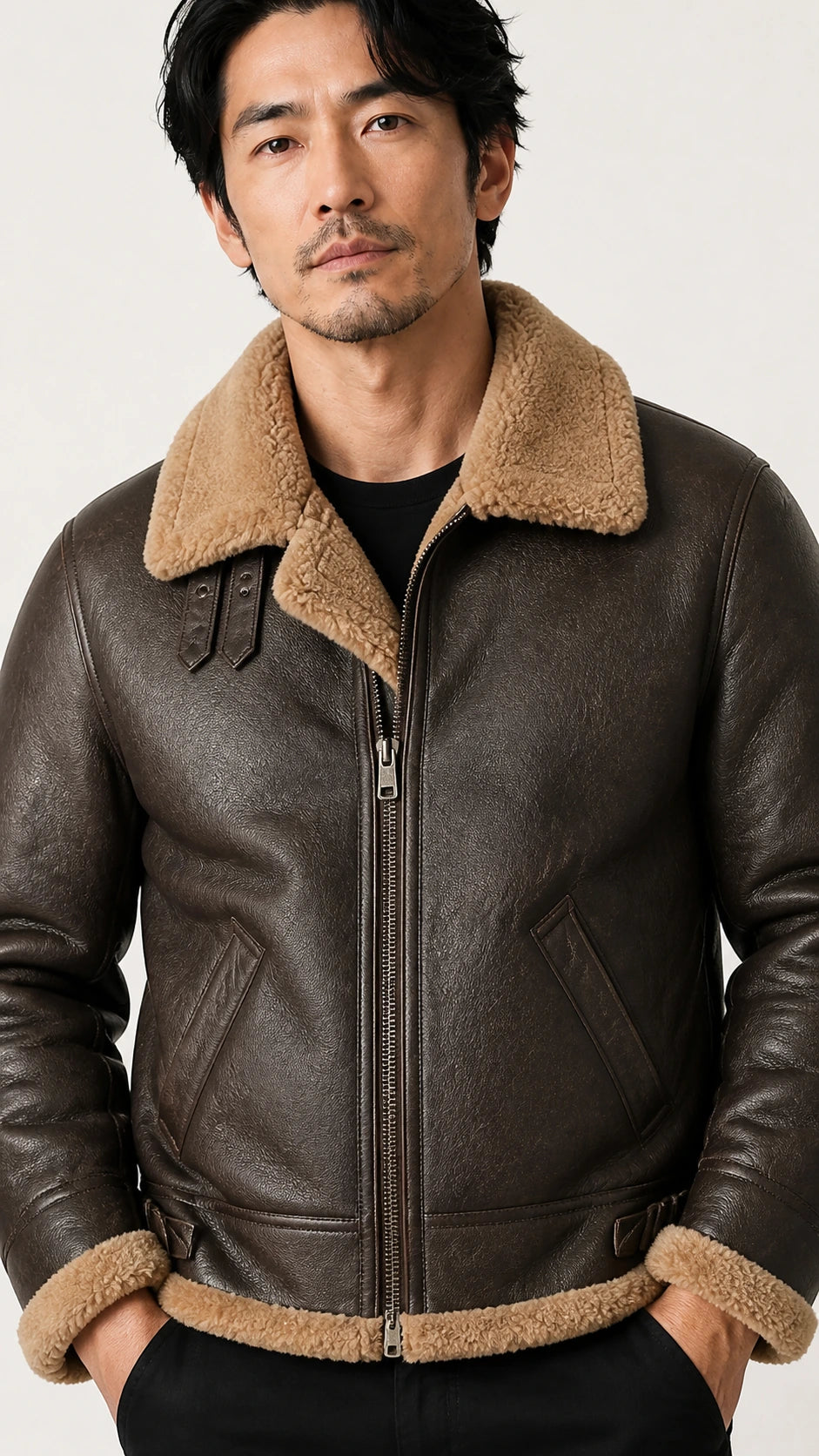 Man in the brown B-3 jacket with the shearling collar turned up