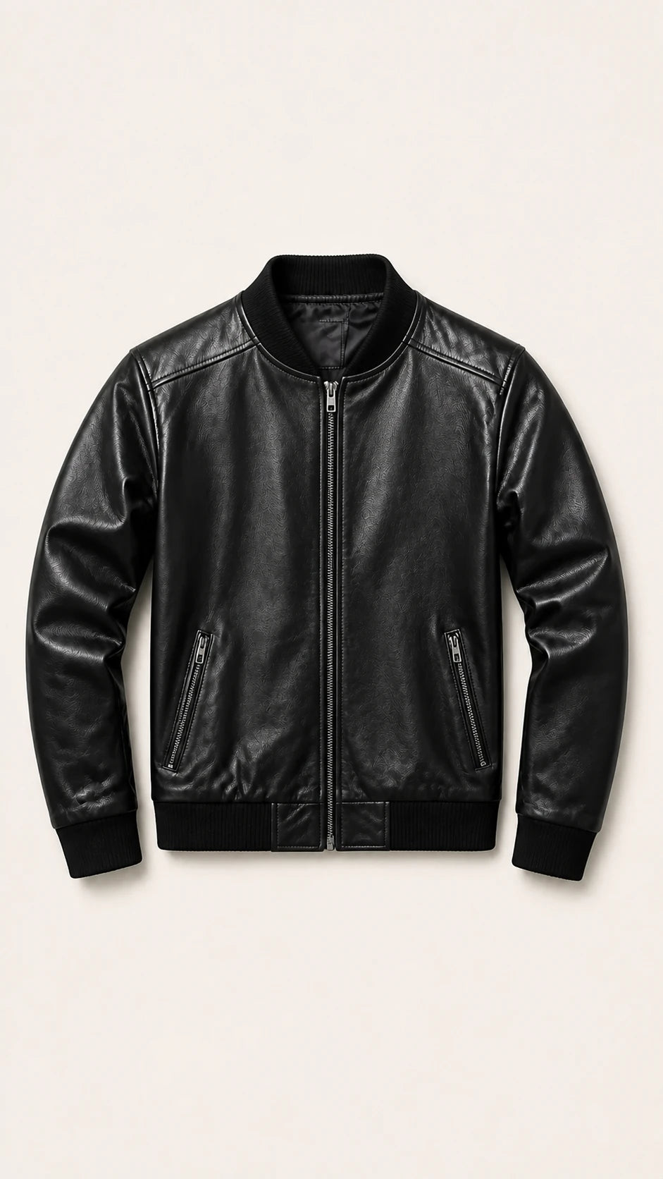 Men's black sheepskin leather bomber jacket with ribbed knit trims, front view