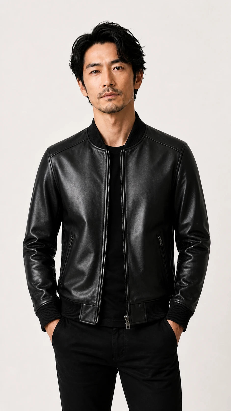 Man wearing the black leather bomber jacket with hands in pockets