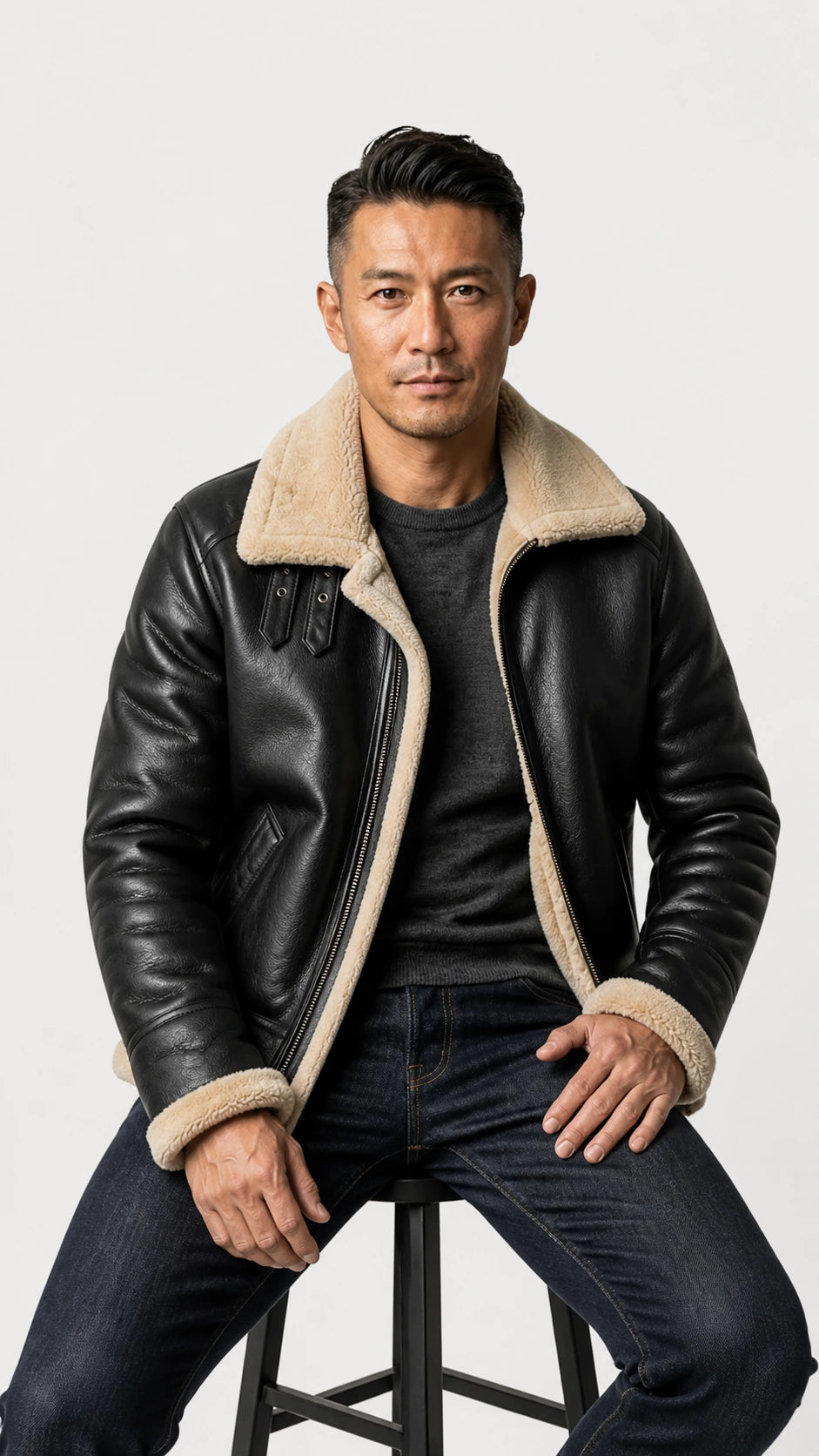 Man seated wearing the black B-3 shearling flight jacket