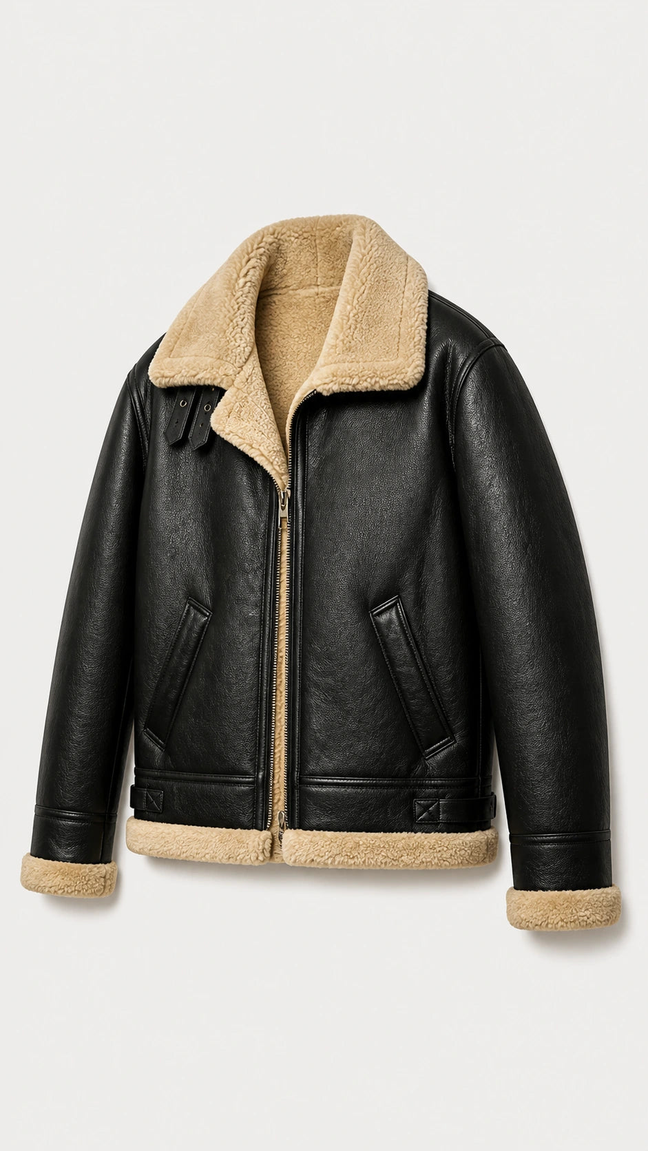 Black shearling B-3 jacket at an angle showing the cream collar and cuffs