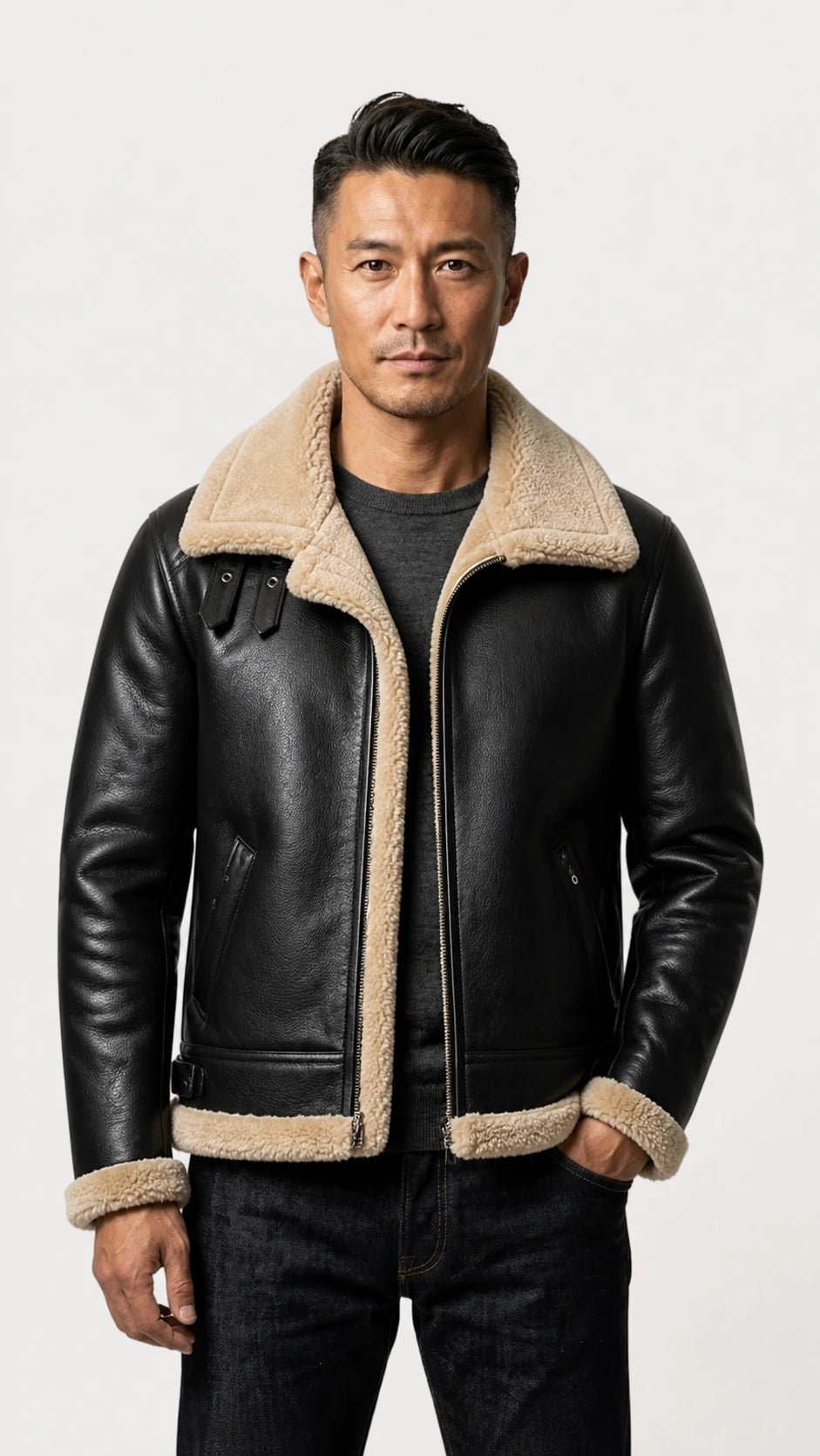 Man in the black B-3 with the cream shearling collar turned down