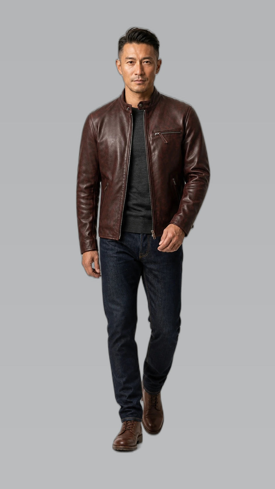 Japanese collection jacket on consistent cool gray background