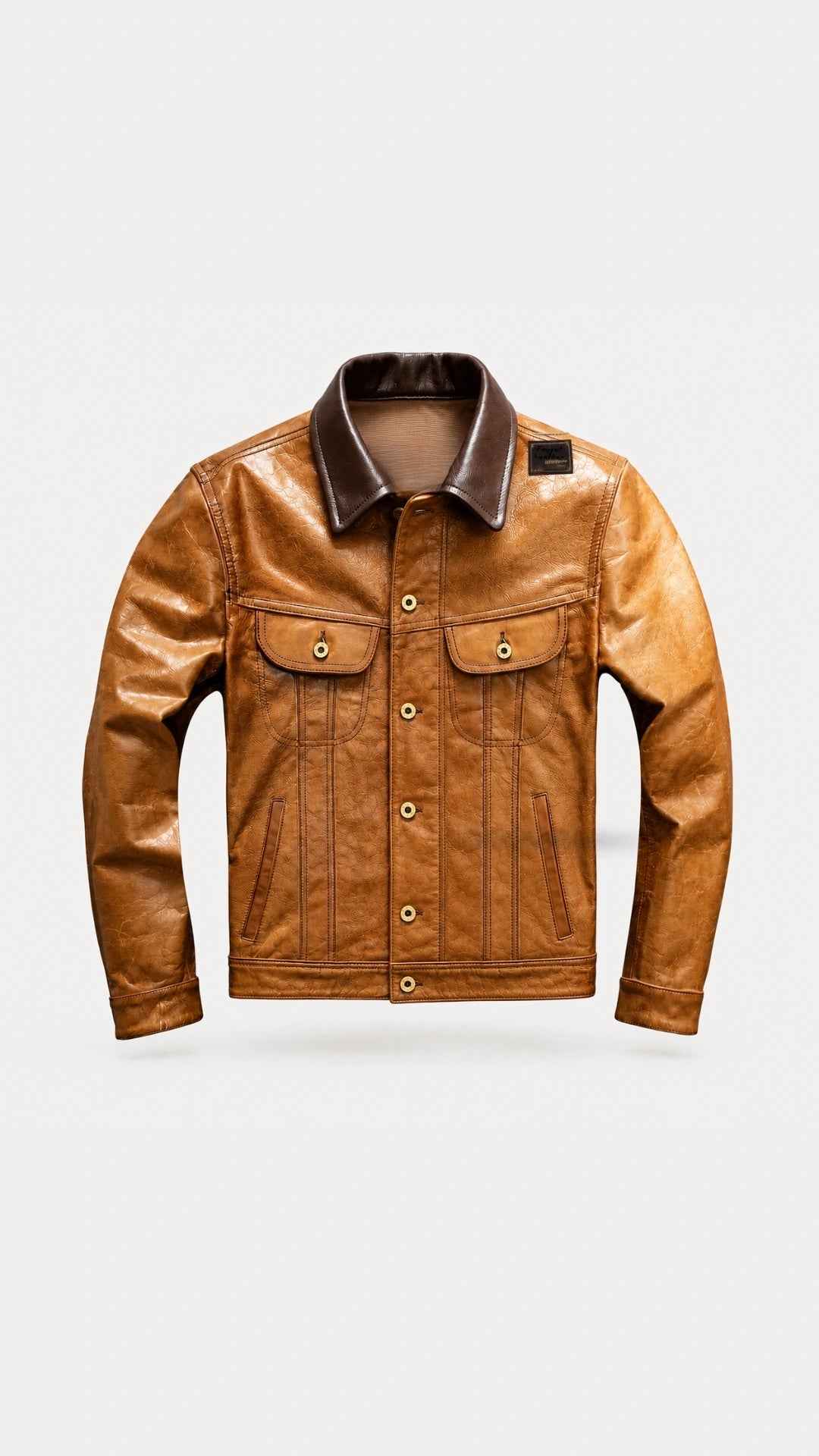 Men's tan goatskin storm rider jacket with contrast brown collar, front view