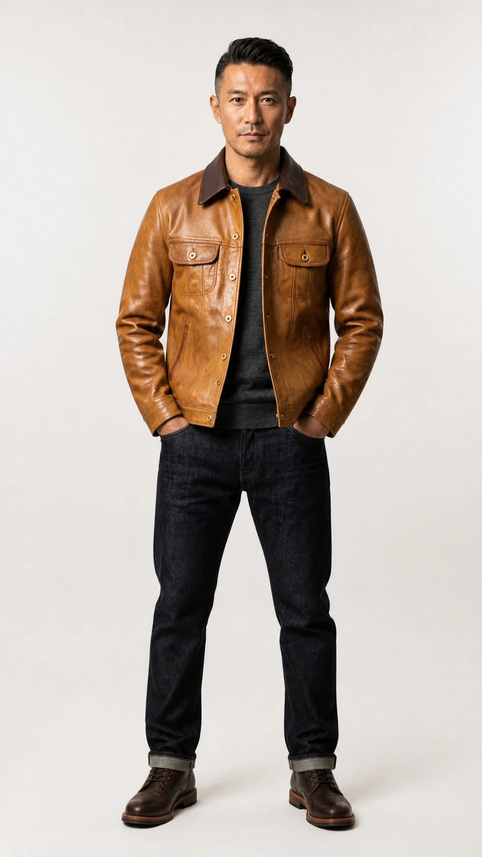 Full-length shot of a man in the tan goatskin jacket and dark jeans