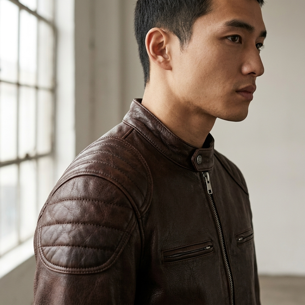 Vintage Brown Biker Jacket — foto real 17
