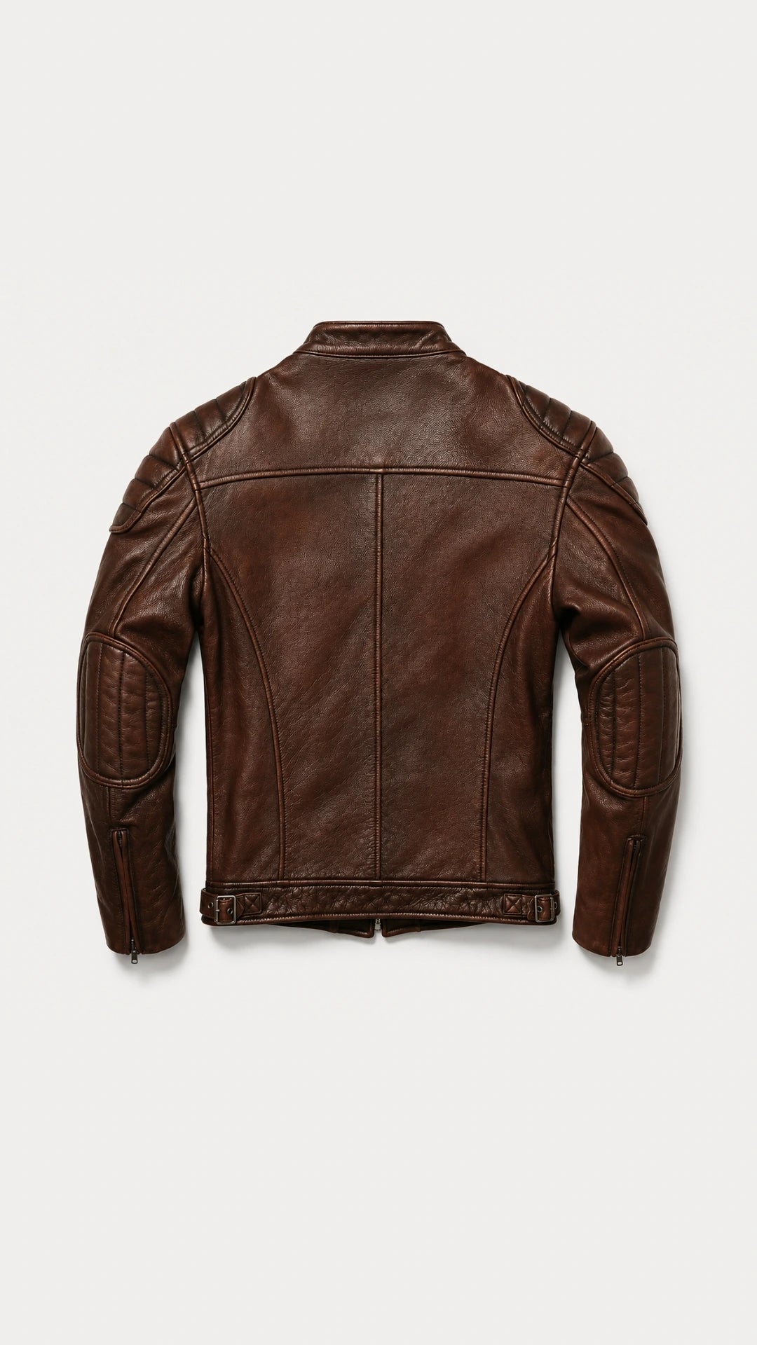 Back of the distressed brown cowhide biker jacket showing the panelled yoke