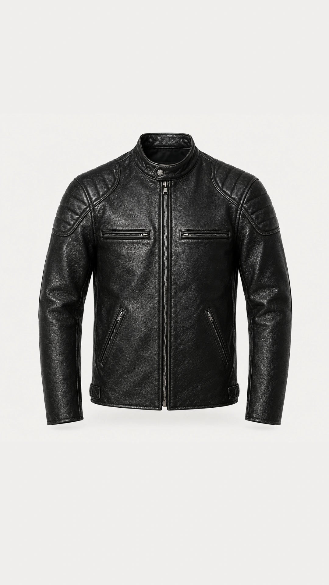 Men's black leather biker jacket in vintage matte cowhide, front view