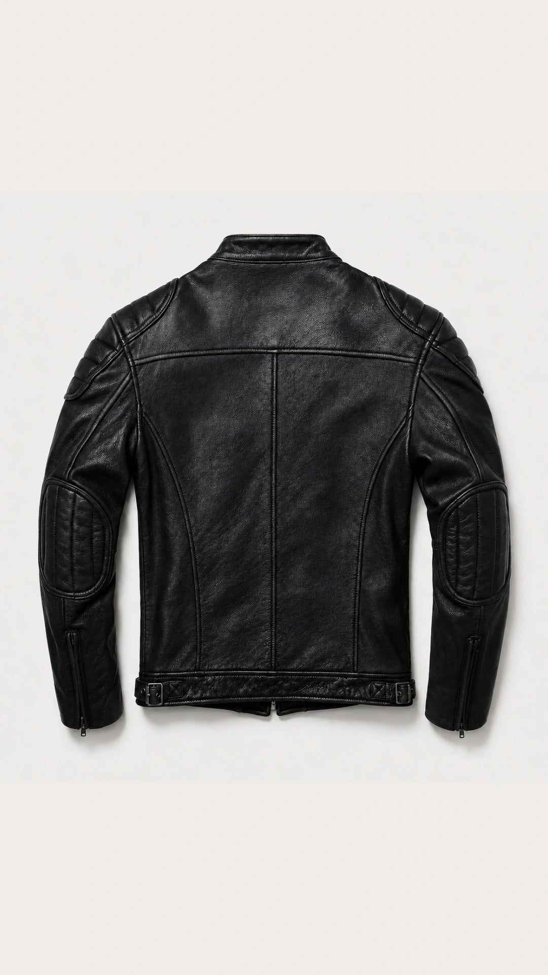 Back view of the black vintage leather biker jacket