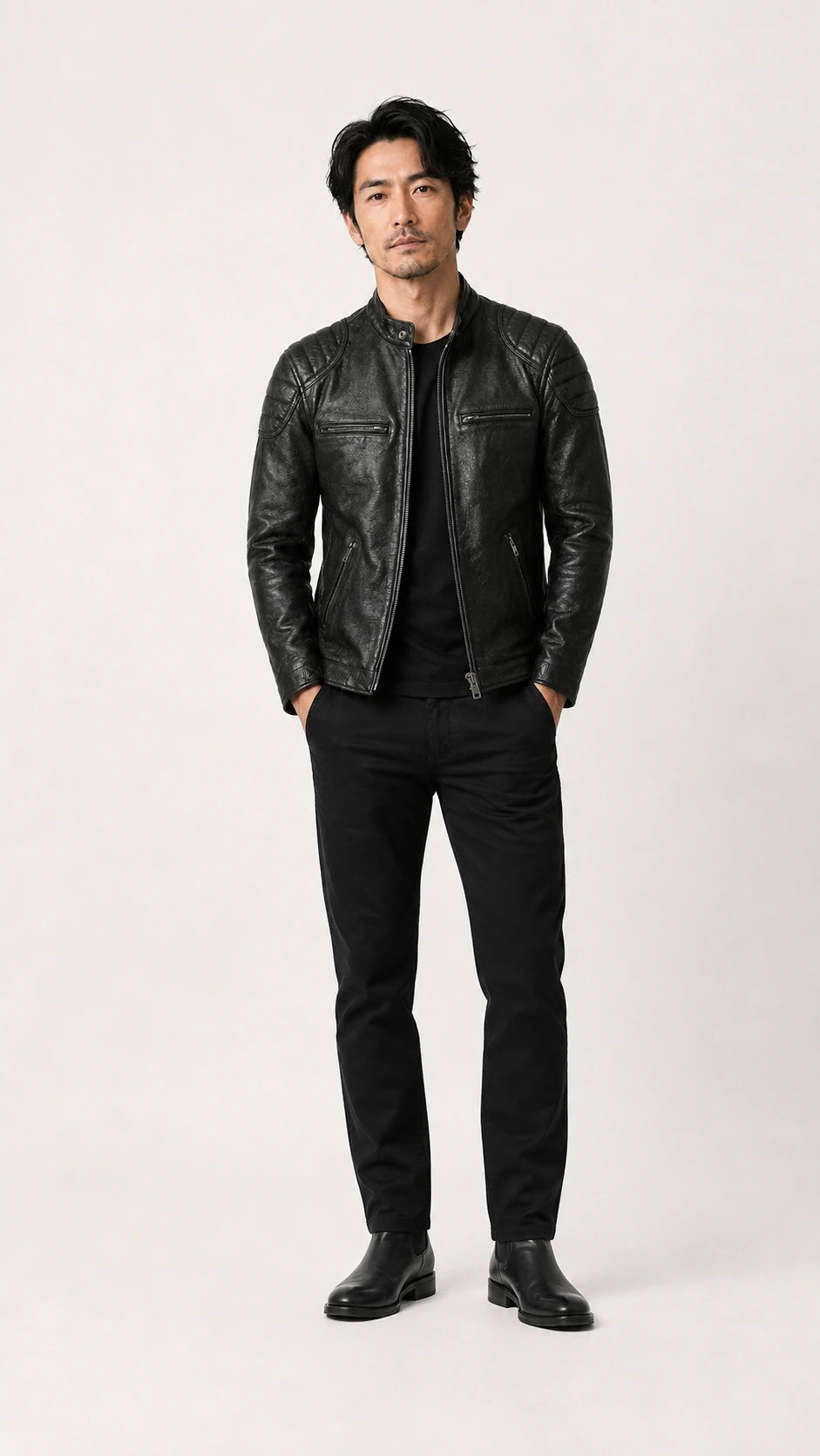 Man walking in the black vintage leather biker jacket, hands in pockets