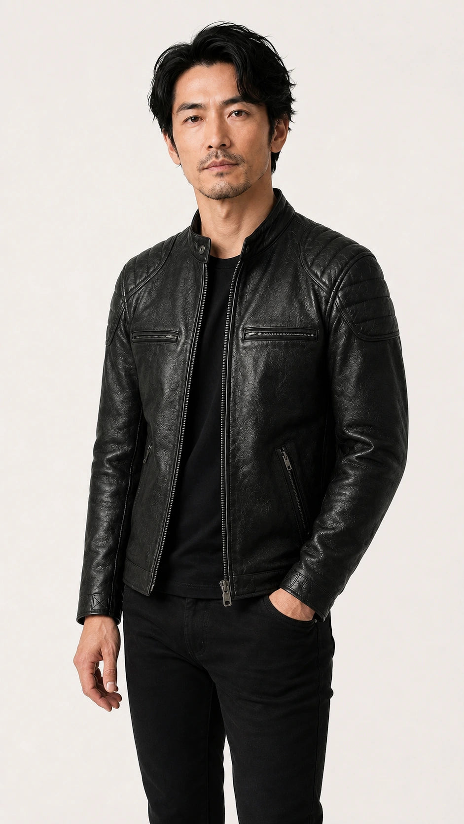 Man wearing the black biker jacket open over a dark tee