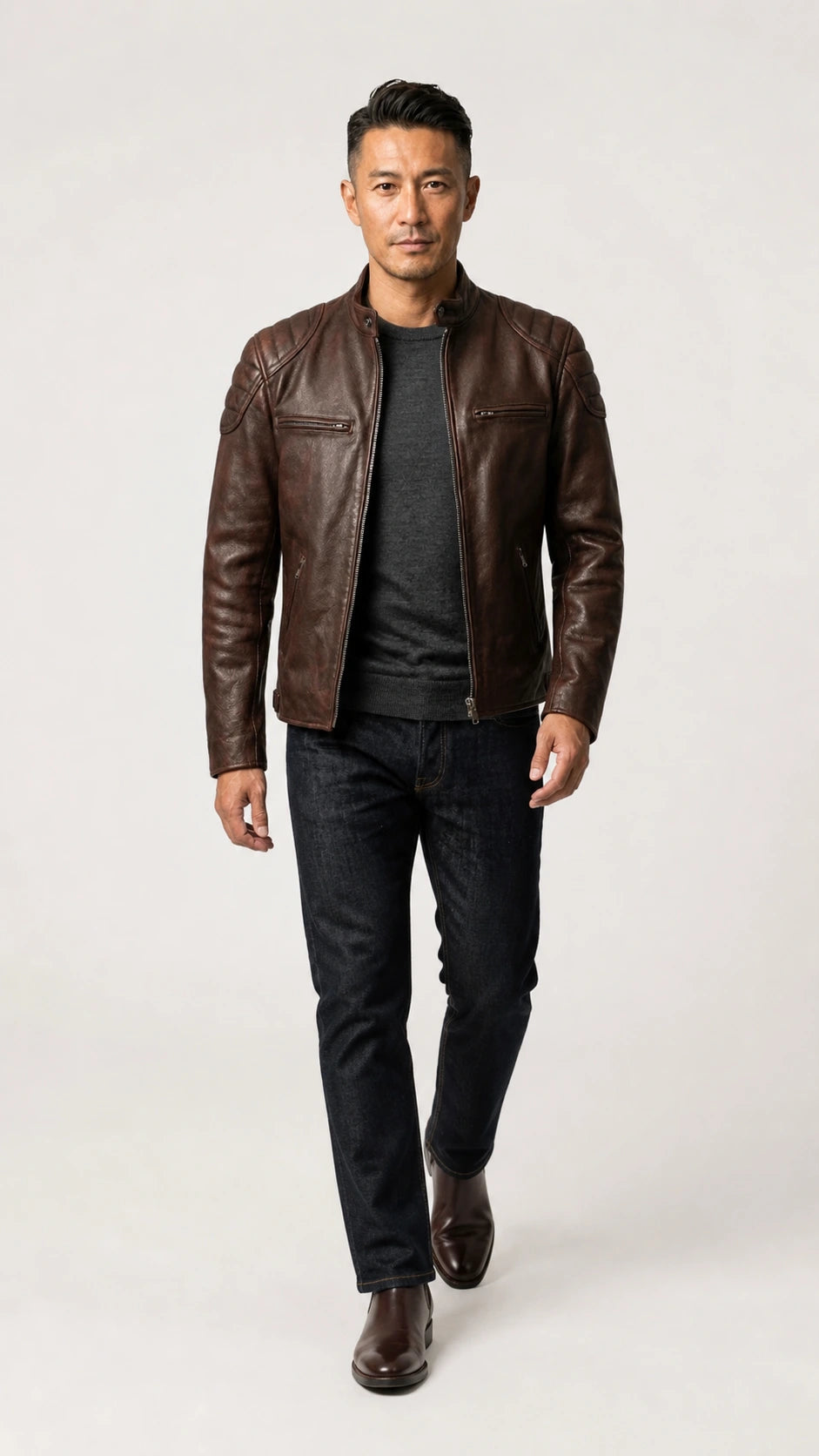 Full-length walking shot of the vintage brown biker jacket