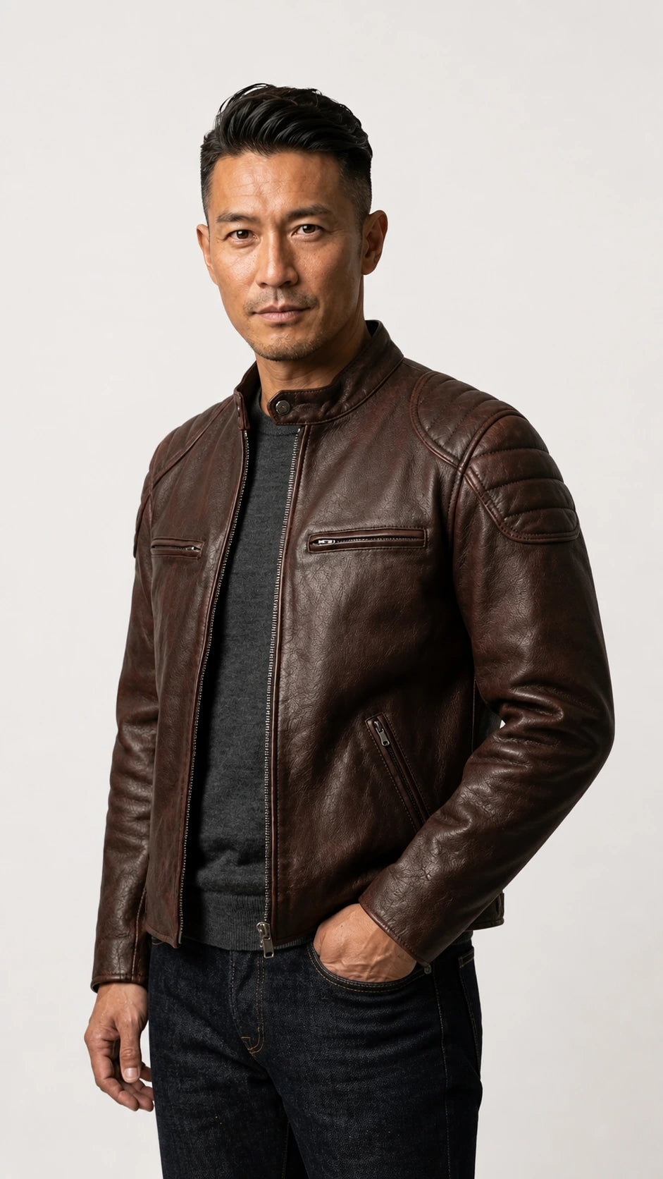 Man with hands in pockets wearing the vintage brown leather biker jacket