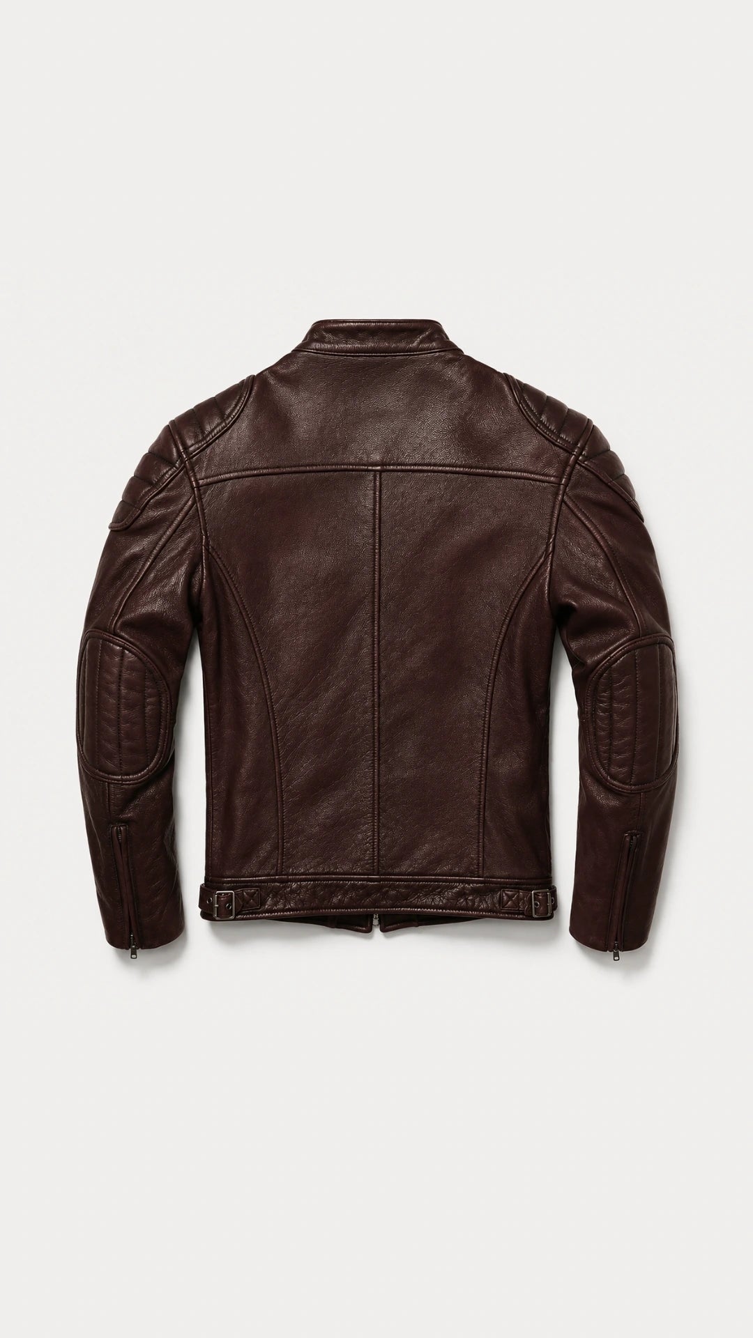 Back view of the vintage brown cowhide biker jacket