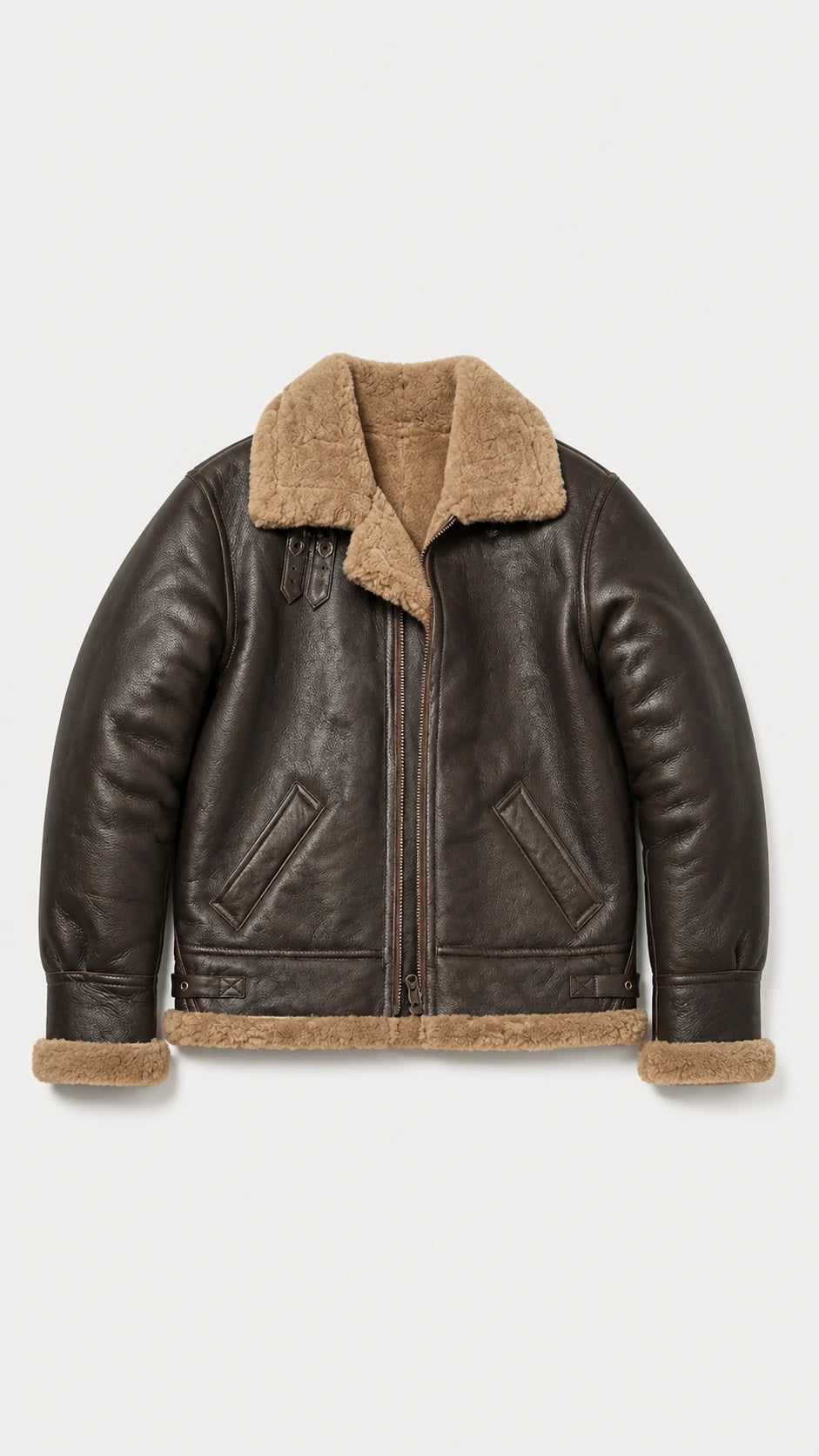 Men's brown B-3 shearling flight jacket with tan wool collar, front view