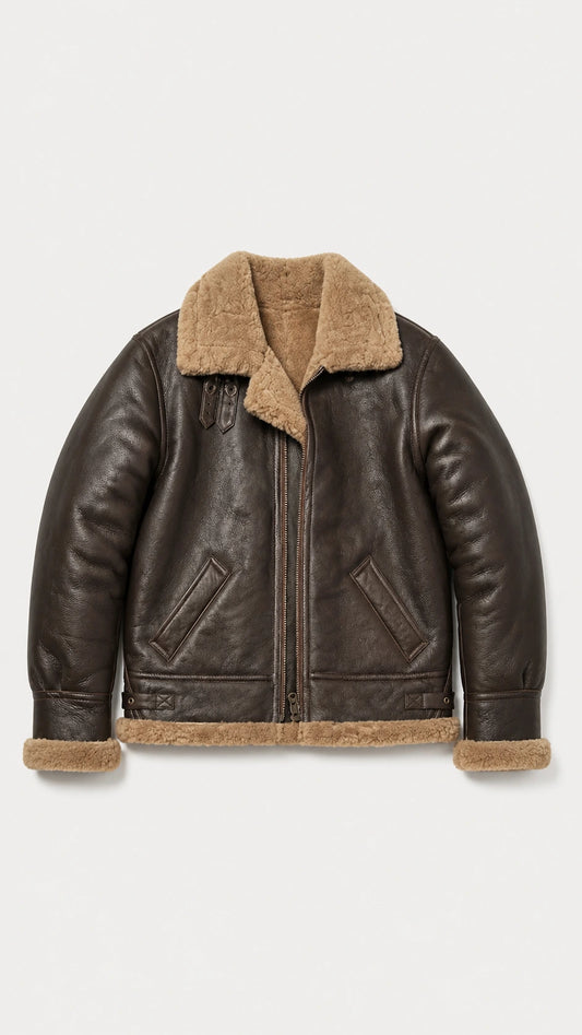 Men's brown B-3 shearling flight jacket with tan wool collar, front view