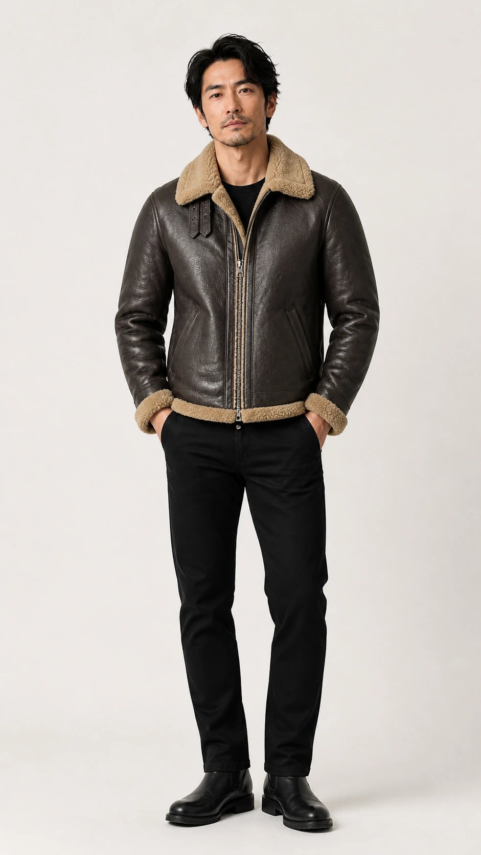 Full-length shot of a man in the brown shearling B-3 jacket