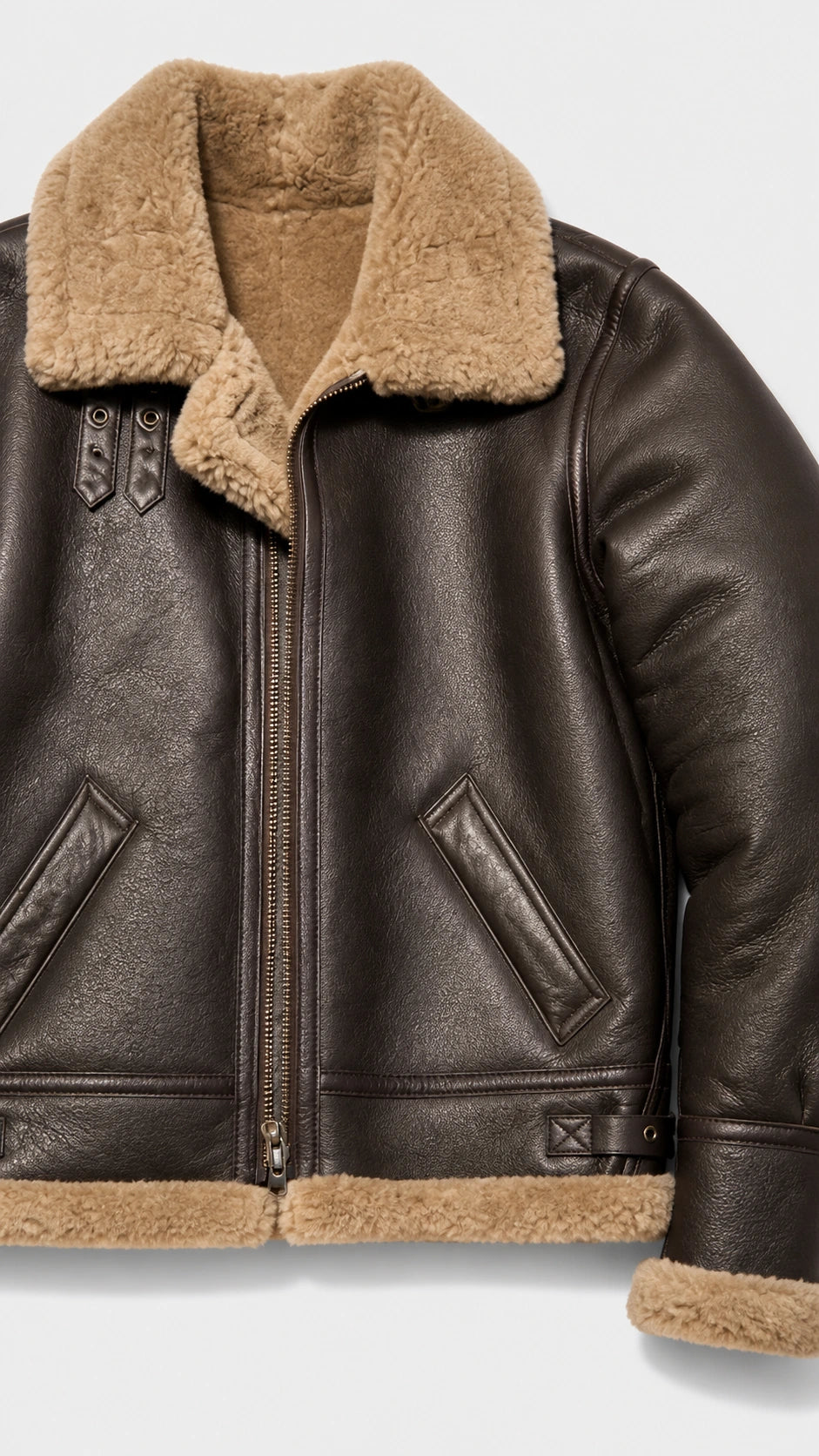 Close front view of the brown B-3 showing the tan shearling collar and hem