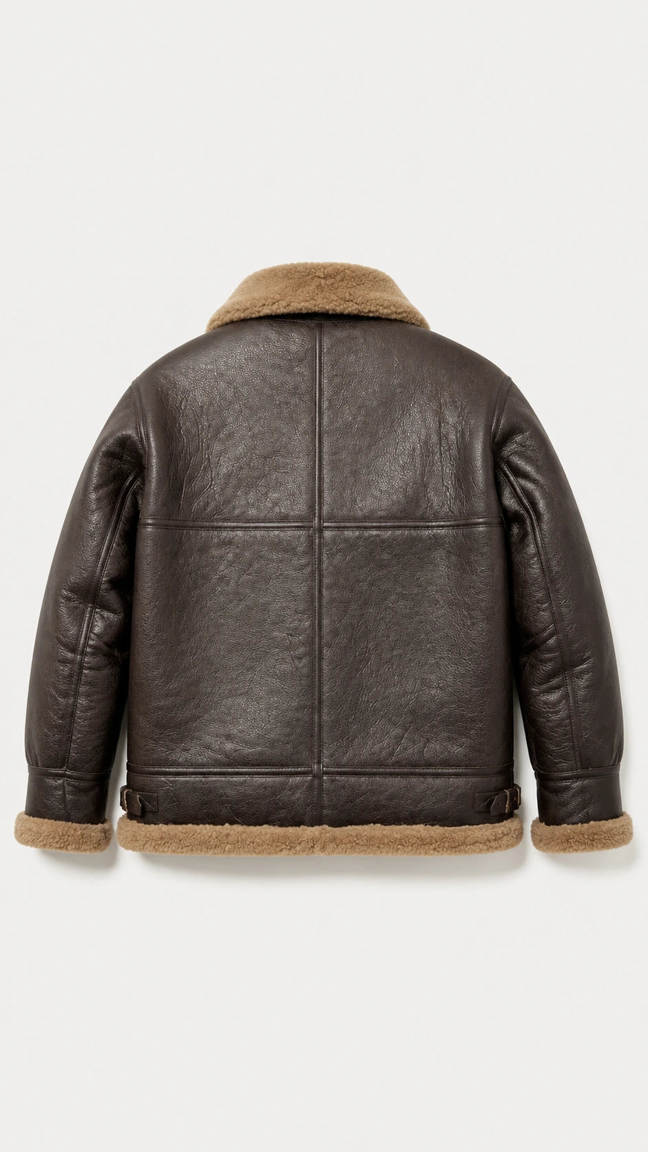 Back view of the brown shearling B-3 flight jacket