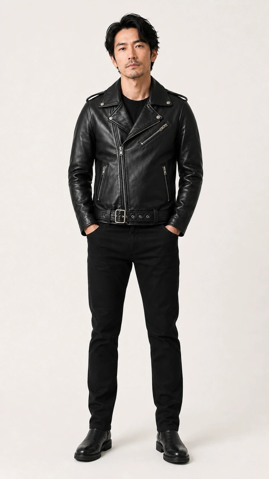 Full-length front shot of the black double rider biker jacket