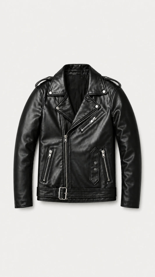 Men's black sheepskin double rider biker jacket with asymmetric zip, front view