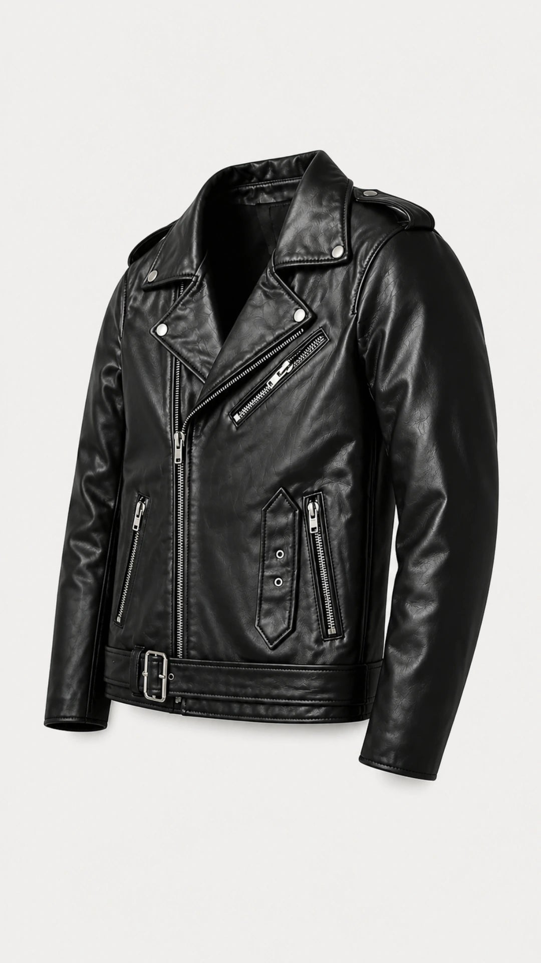 Angled view of the black perfecto with notch lapels and belted waist