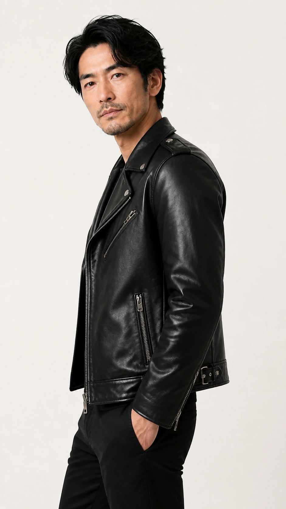 Side view of a man in the black perfecto leather jacket