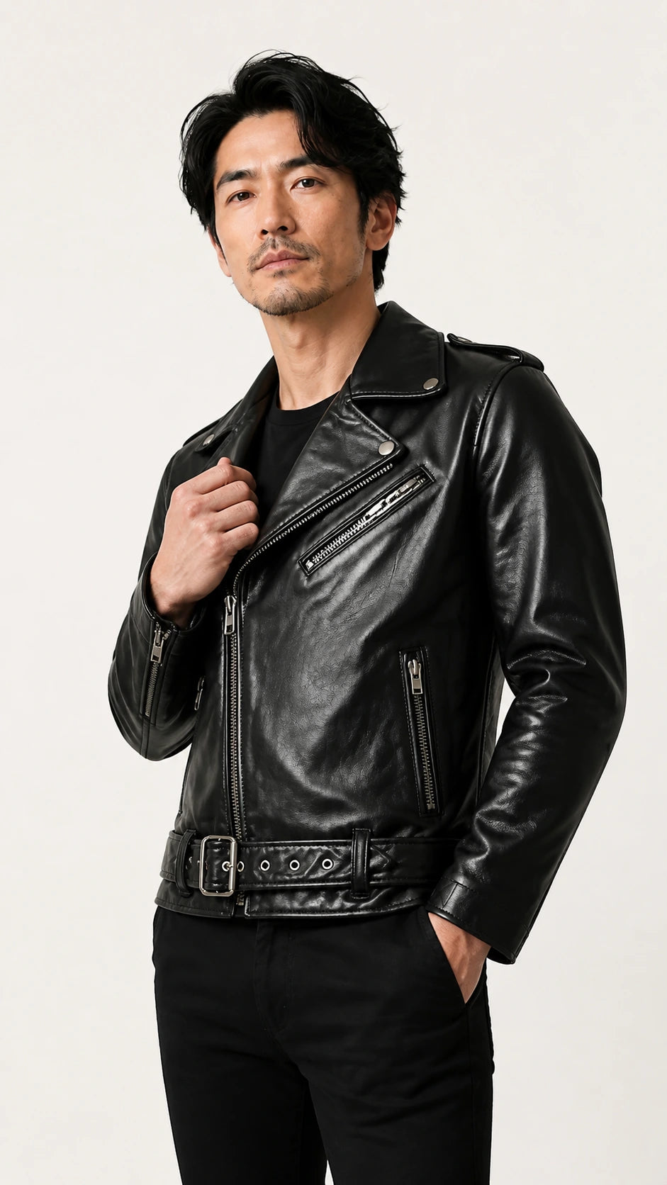 Man fastening the black double rider biker jacket