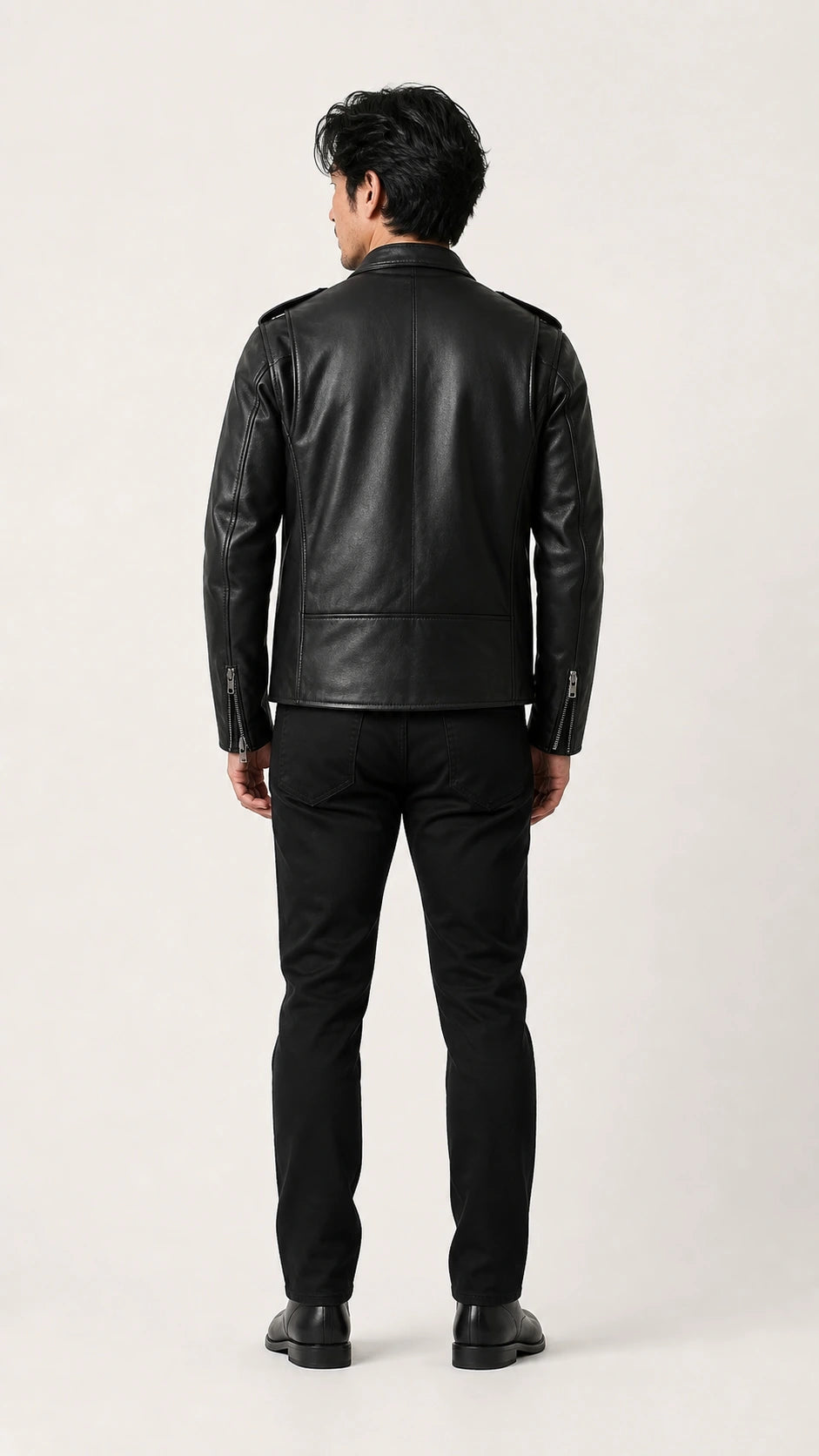 Full-length back view of a man in the black double rider jacket