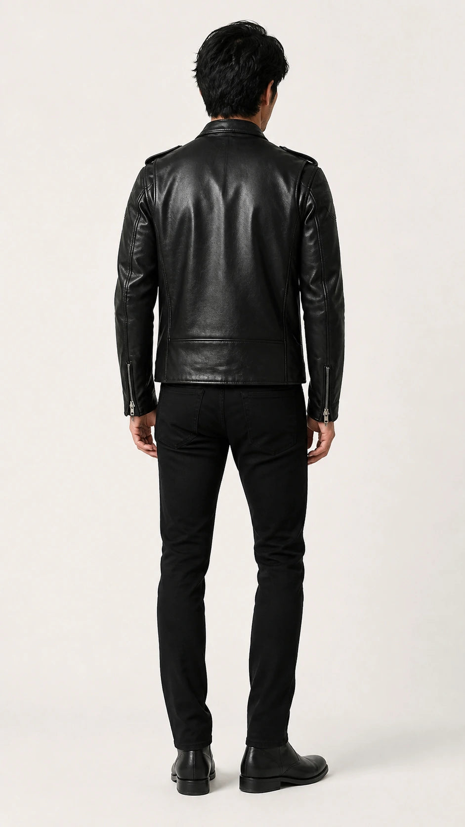 Back view of a man wearing the black perfecto leather jacket