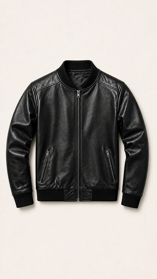 Men's black sheepskin leather bomber jacket with ribbed knit trims, front view