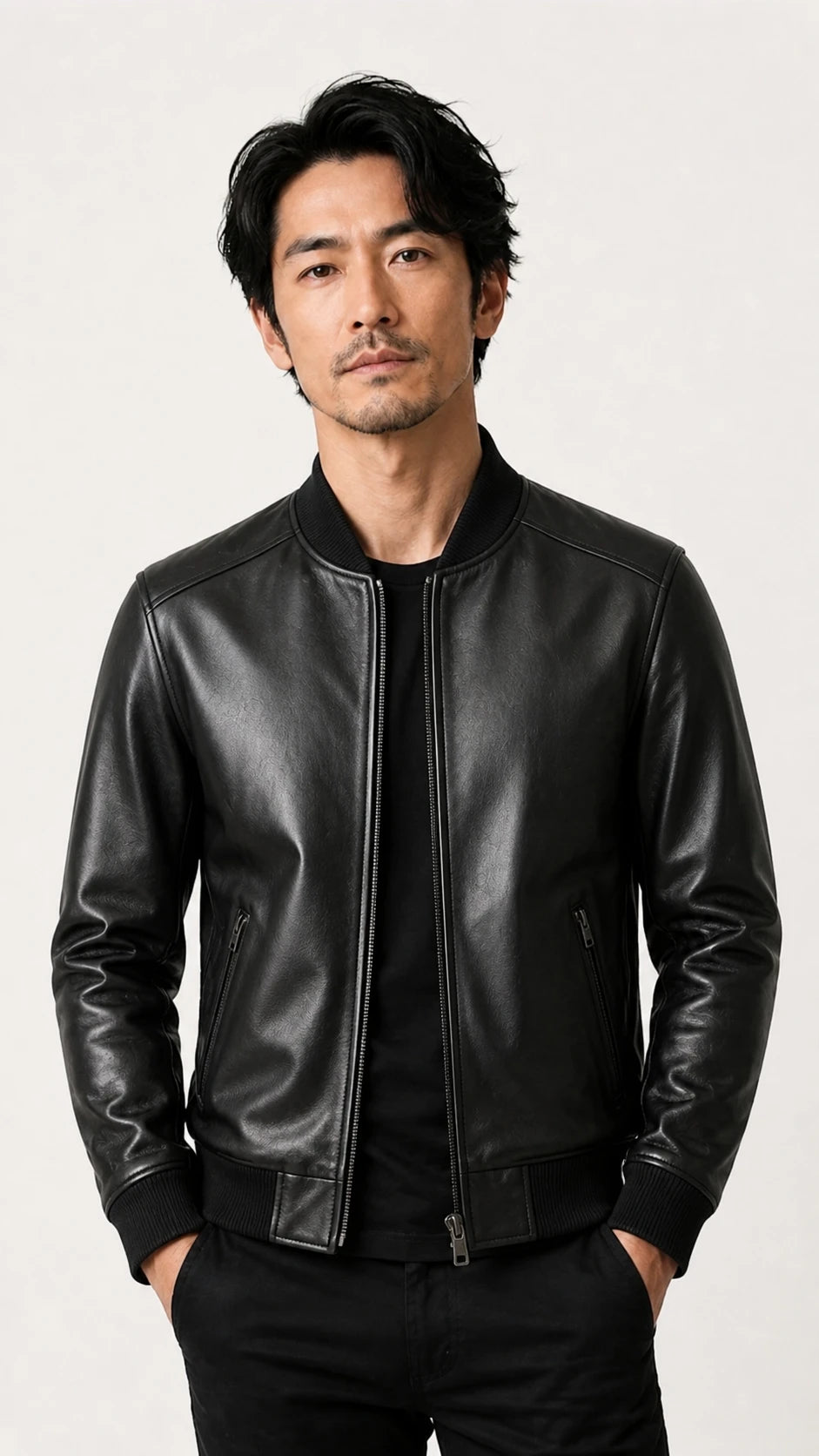 Man standing in the black sheepskin bomber jacket over a dark tee
