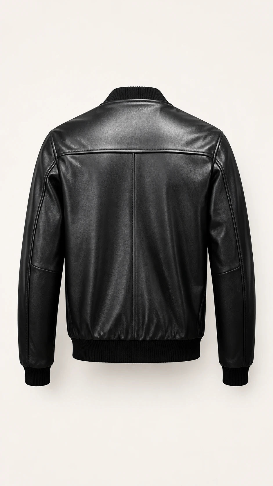 Back view of the black leather bomber jacket