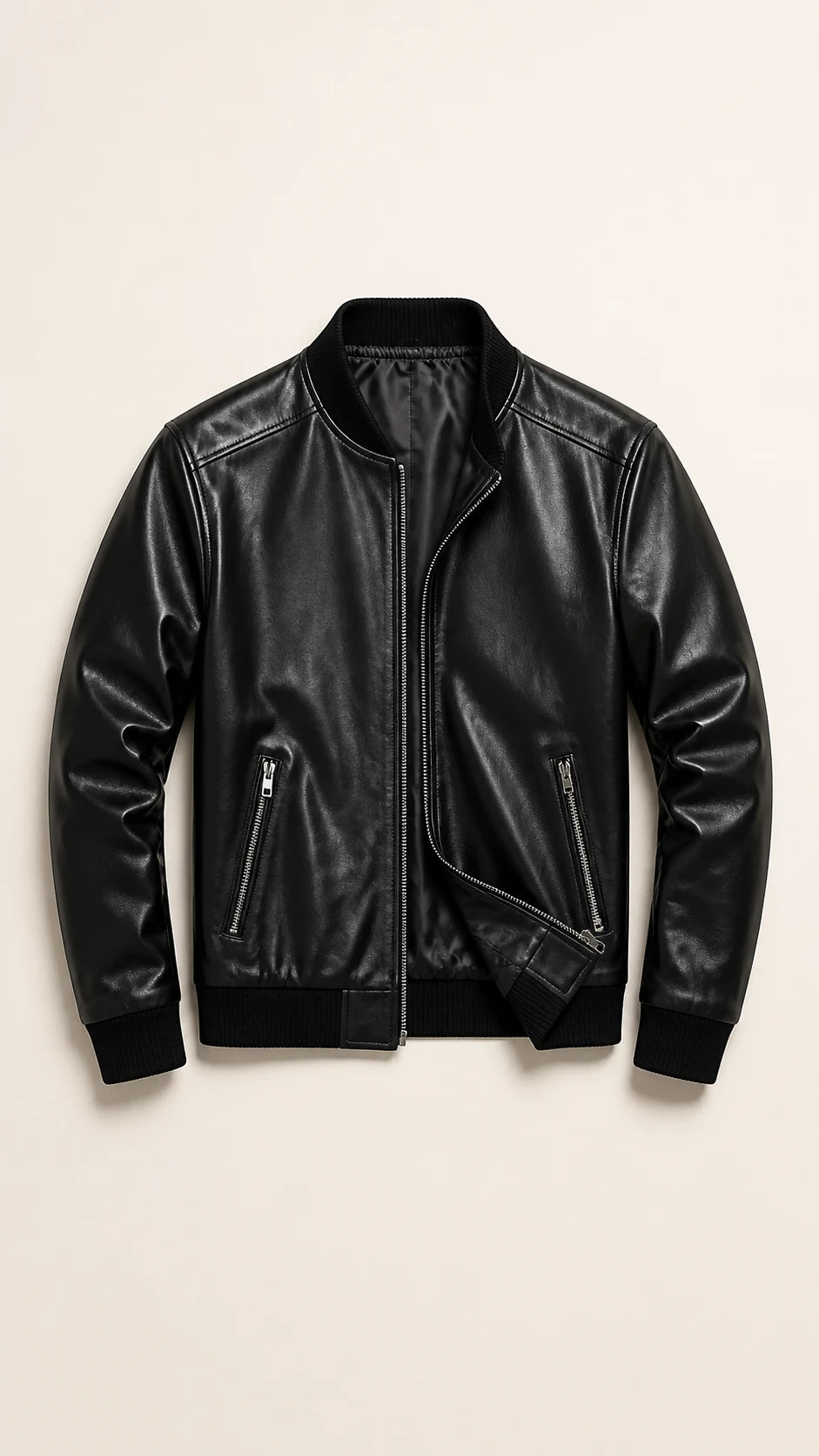Black bomber jacket shown open with the zip undone