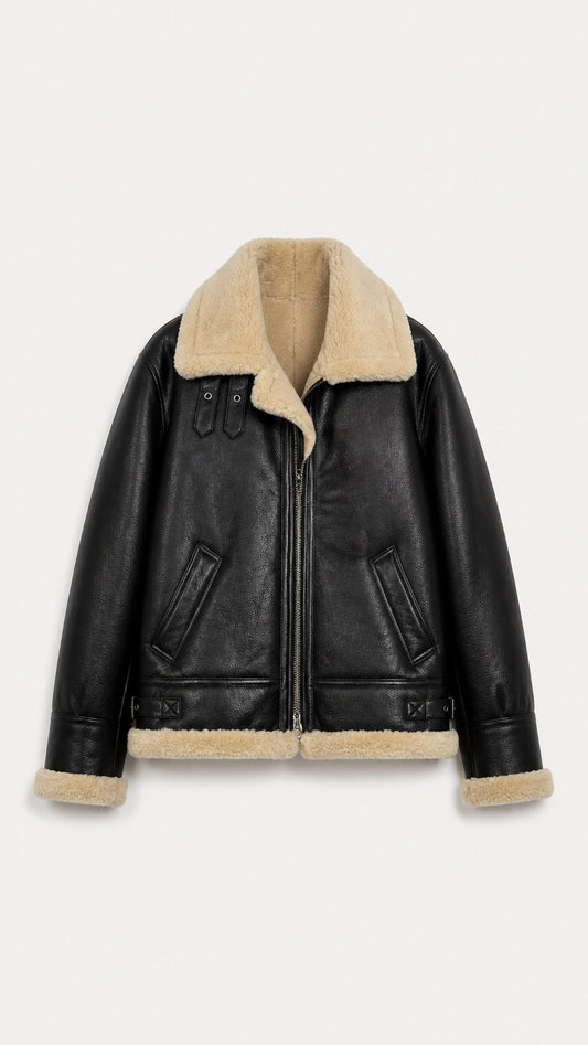 Men's black B-3 shearling flight jacket with cream wool collar, front view
