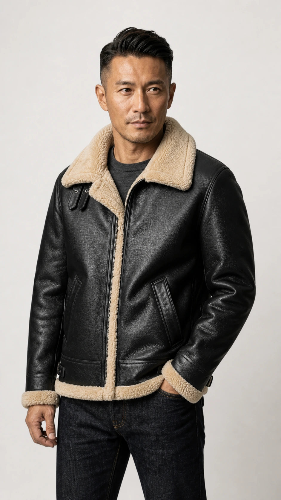 Three-quarter view of the black shearling B-3 flight jacket