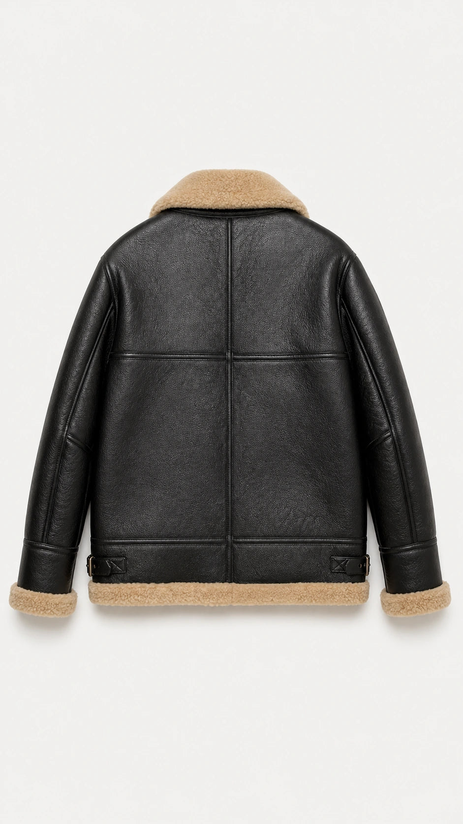 Back view of the black shearling B-3 flight jacket
