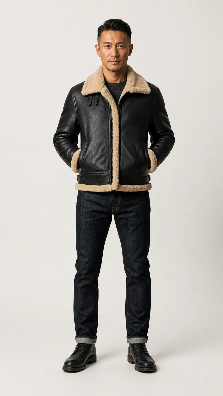 Full-length shot of a man in the black B-3 shearling jacket and dark jeans